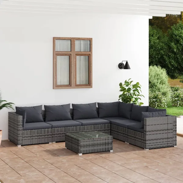 Salon de jardin 7 pcs avec coussins Résine tressée Gris
