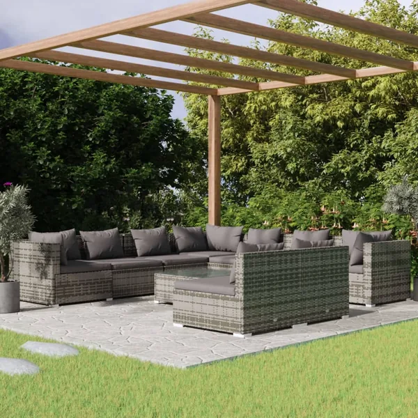 Salon de jardin 10 pcs avec coussins Gris Résine tressée