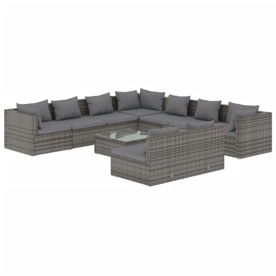 Salon de jardin 10 pcs avec coussins Gris Résine tressée - 2