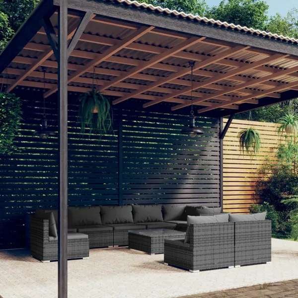 Salon de jardin 10 pcs avec coussins Résine tressée Gris