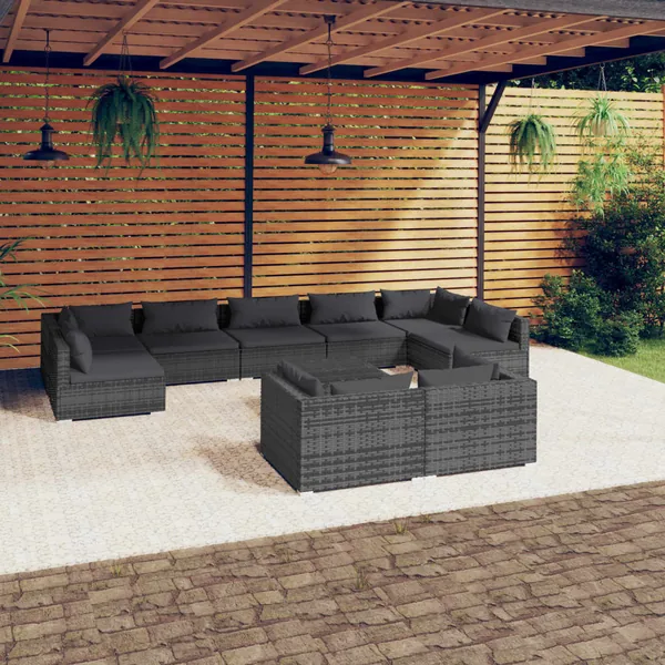 Salon de jardin 10 pcs avec coussins Gris Résine tressée