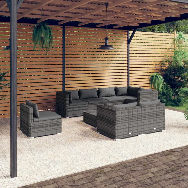 Salon de jardin 9 pcs avec coussins Résine tressée Gris