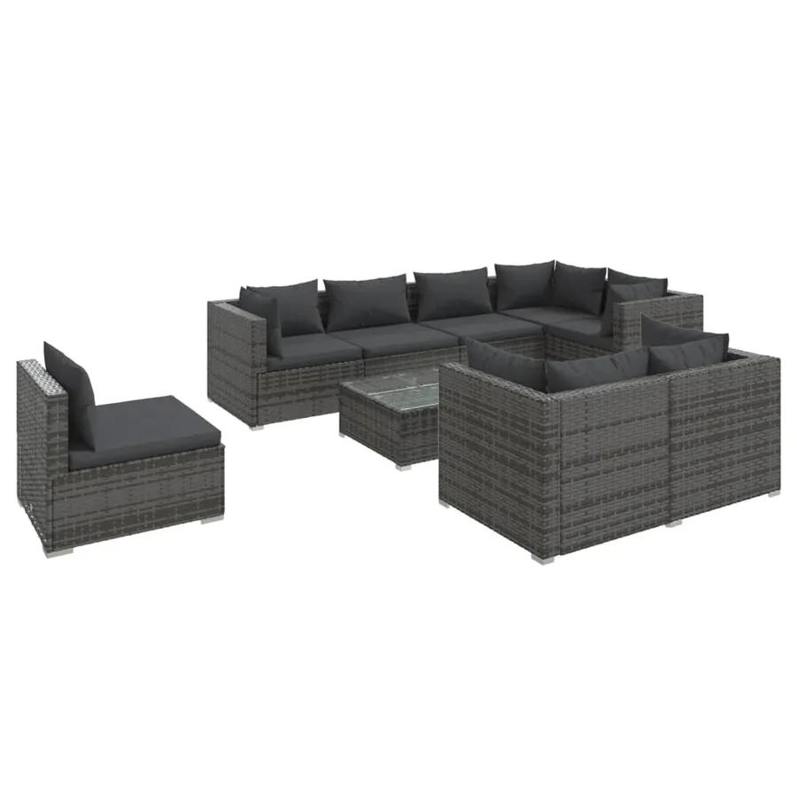 Salon de jardin 9 pcs avec coussins Résine tressée Gris - 2