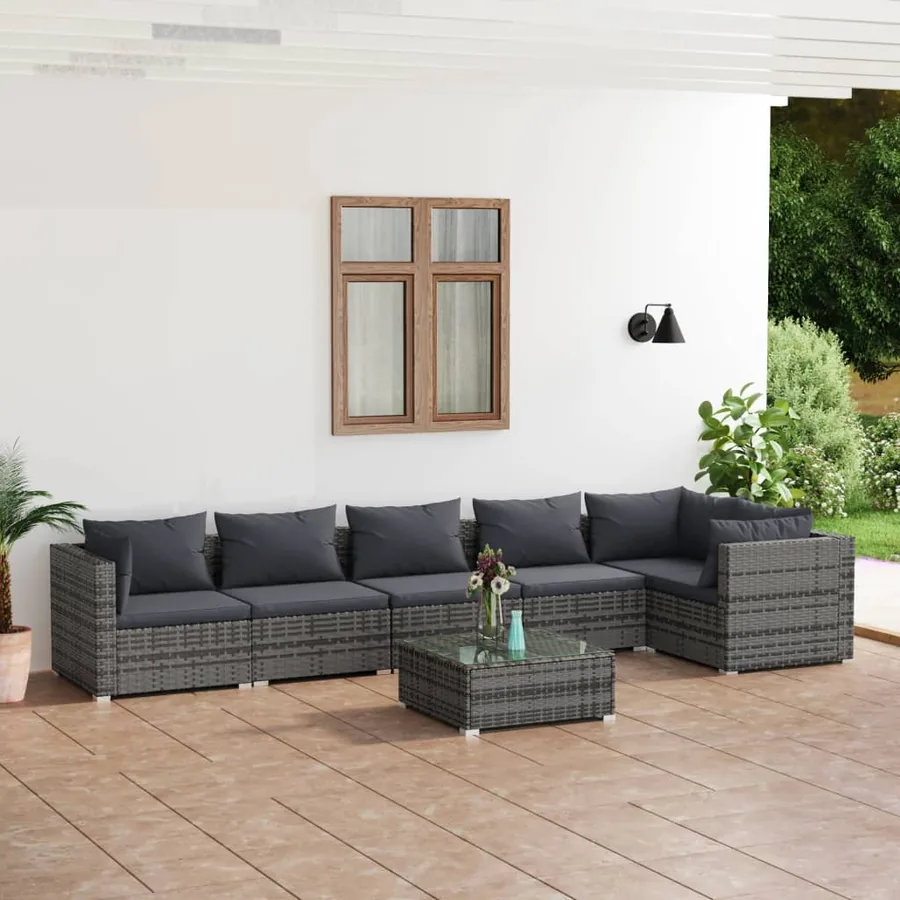 Salon de jardin 7 pcs avec coussins Résine tressée Gris