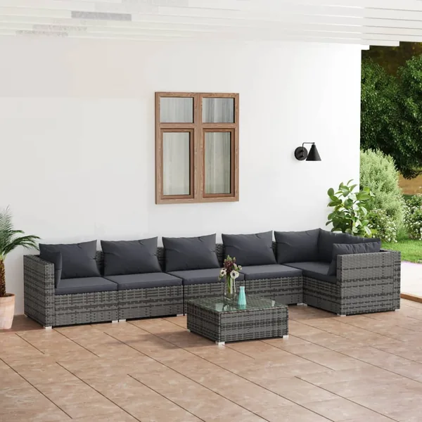 Salon de jardin 7 pcs avec coussins Résine tressée Gris