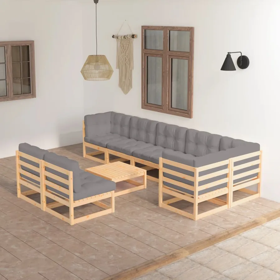 Salon de jardin 9 pcs avec coussins Bois de pin massif