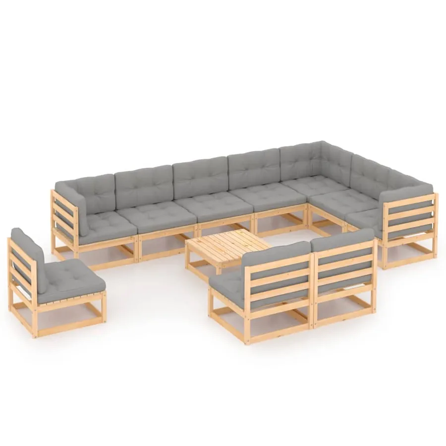 Salon de jardin 11 pcs avec coussins Bois de pin massif