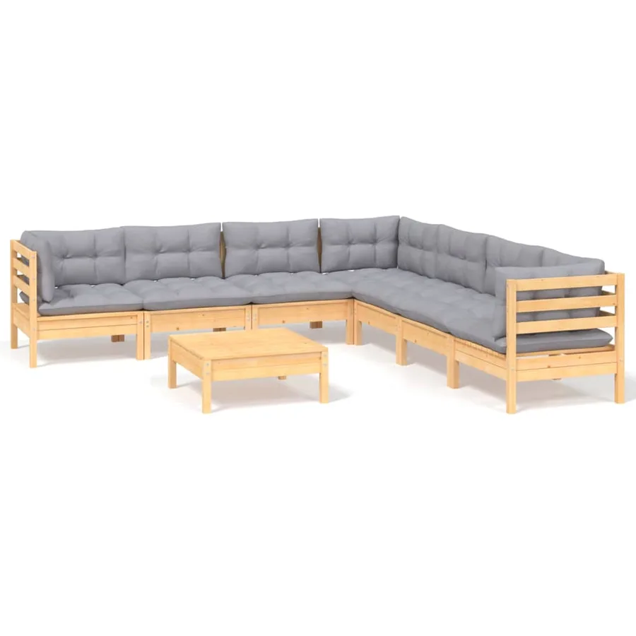 Salon de jardin 8 pcs avec coussins gris Bois de pin massif - 2