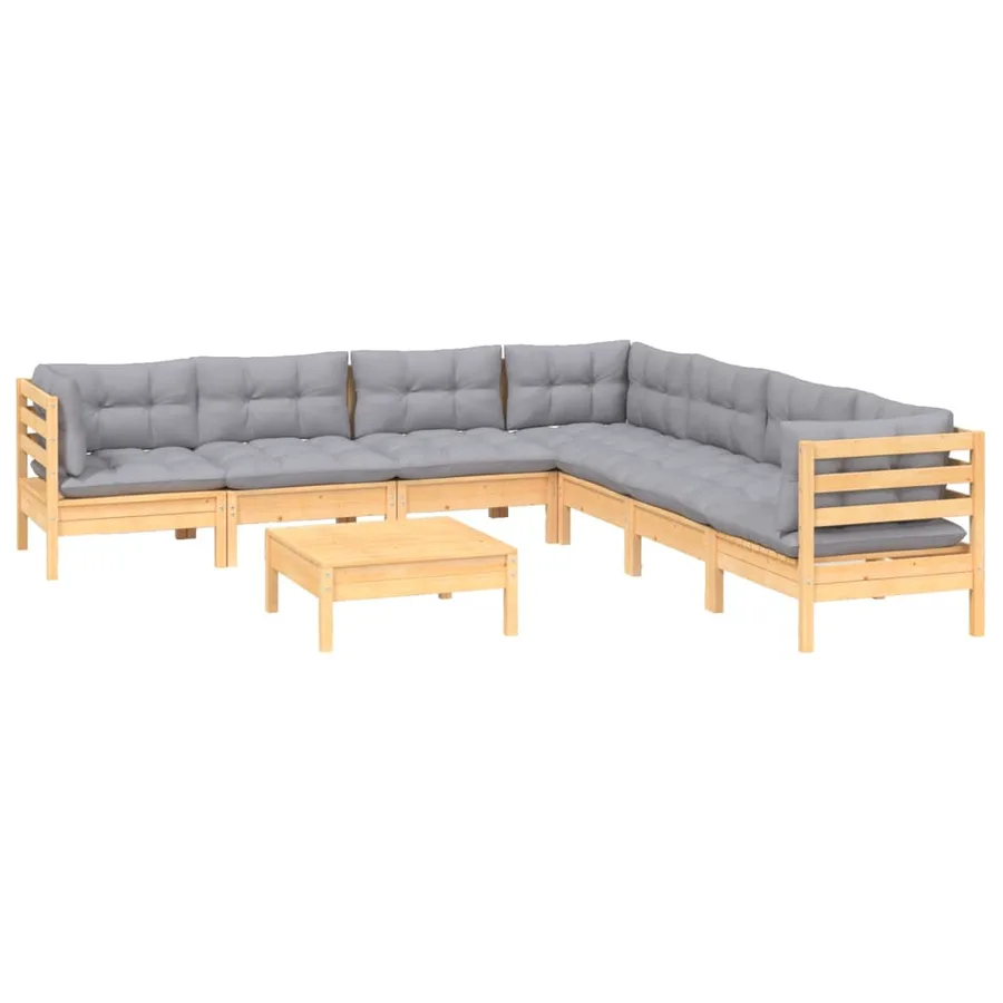 Salon de jardin 8 pcs avec coussins gris Bois de pin massif - 3