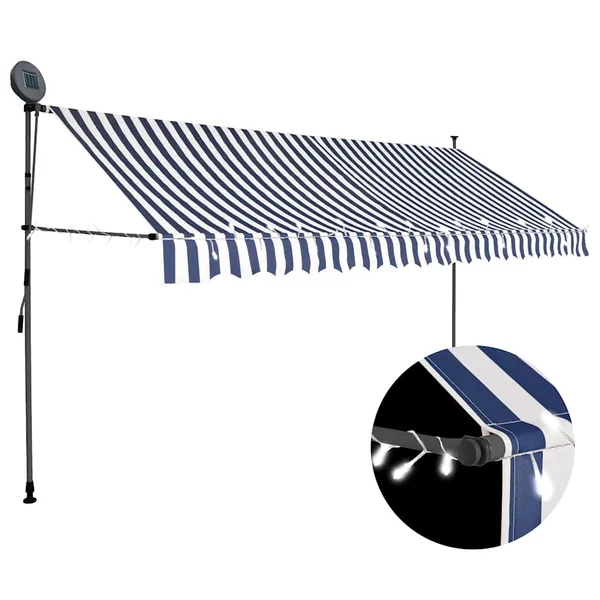 Auvent manuel rétractable avec LED 350 cm Bleu et blanc