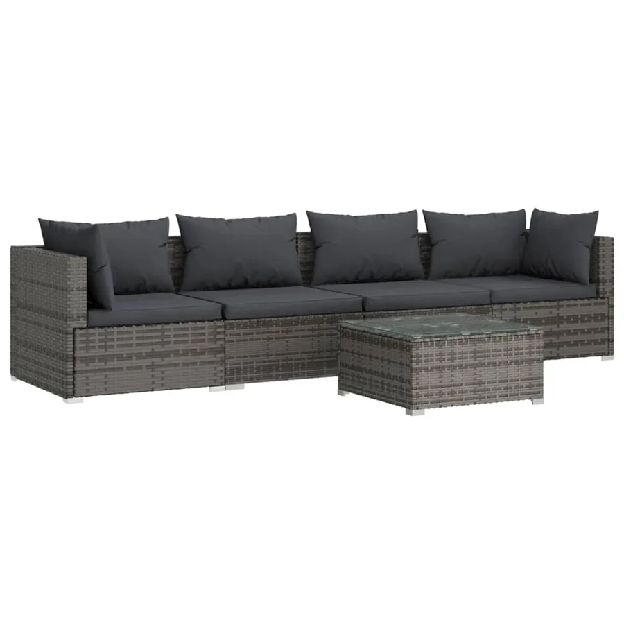 Salon de jardin 5 pcs avec coussins résine tressée gris - 2
