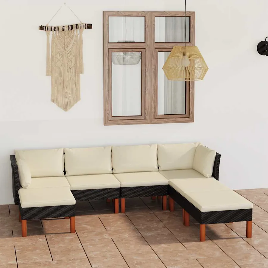Salon de jardin 7 pcs avec coussins Résine tressée Noir