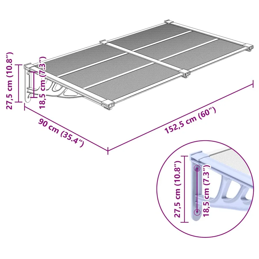 Auvent de porte Gris et transparent 152,5x90 cm Polycarbonate - 6