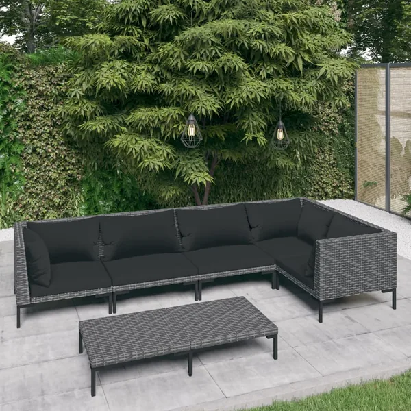 Salon de jardin 6 pcs avec coussins Résine tressée Gris foncé