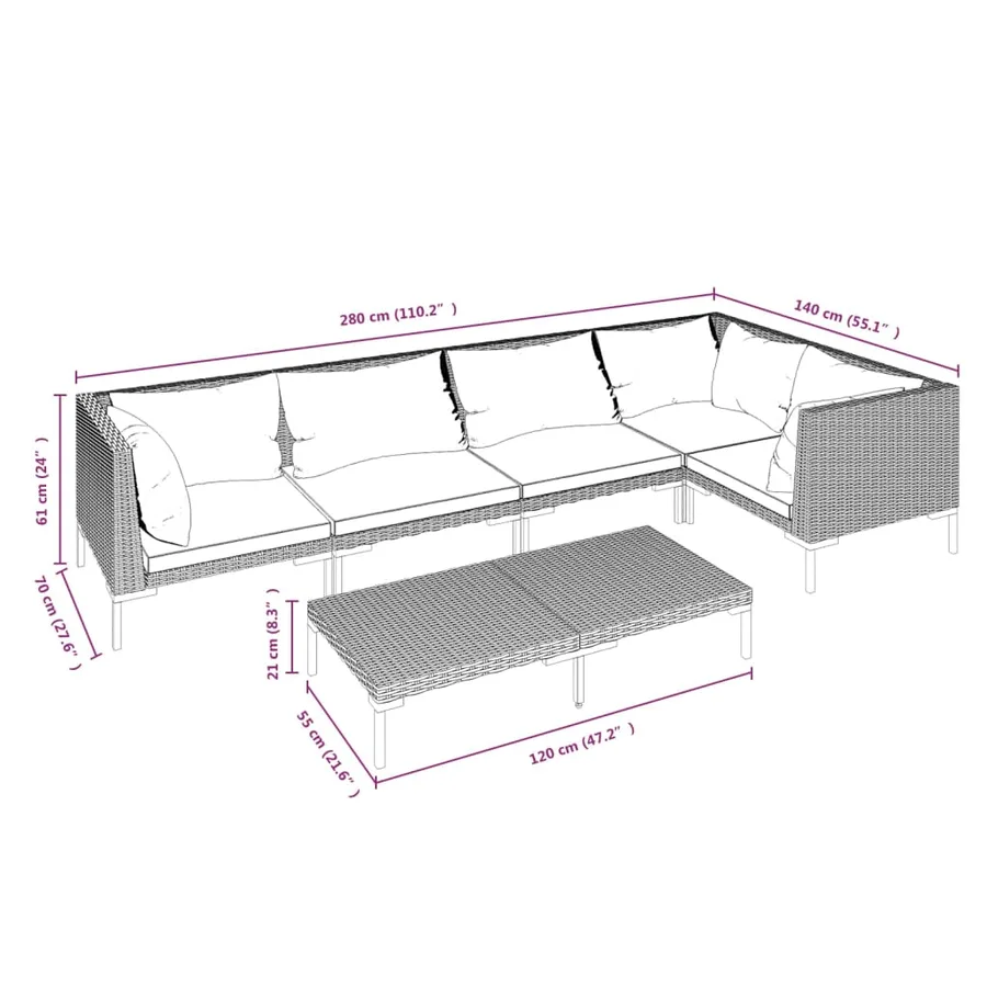 Salon de jardin 6 pcs avec coussins Résine tressée Gris foncé - 9
