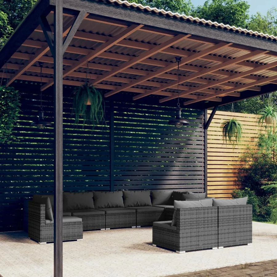 Salon de jardin 9 pcs avec coussins Résine tressée Gris