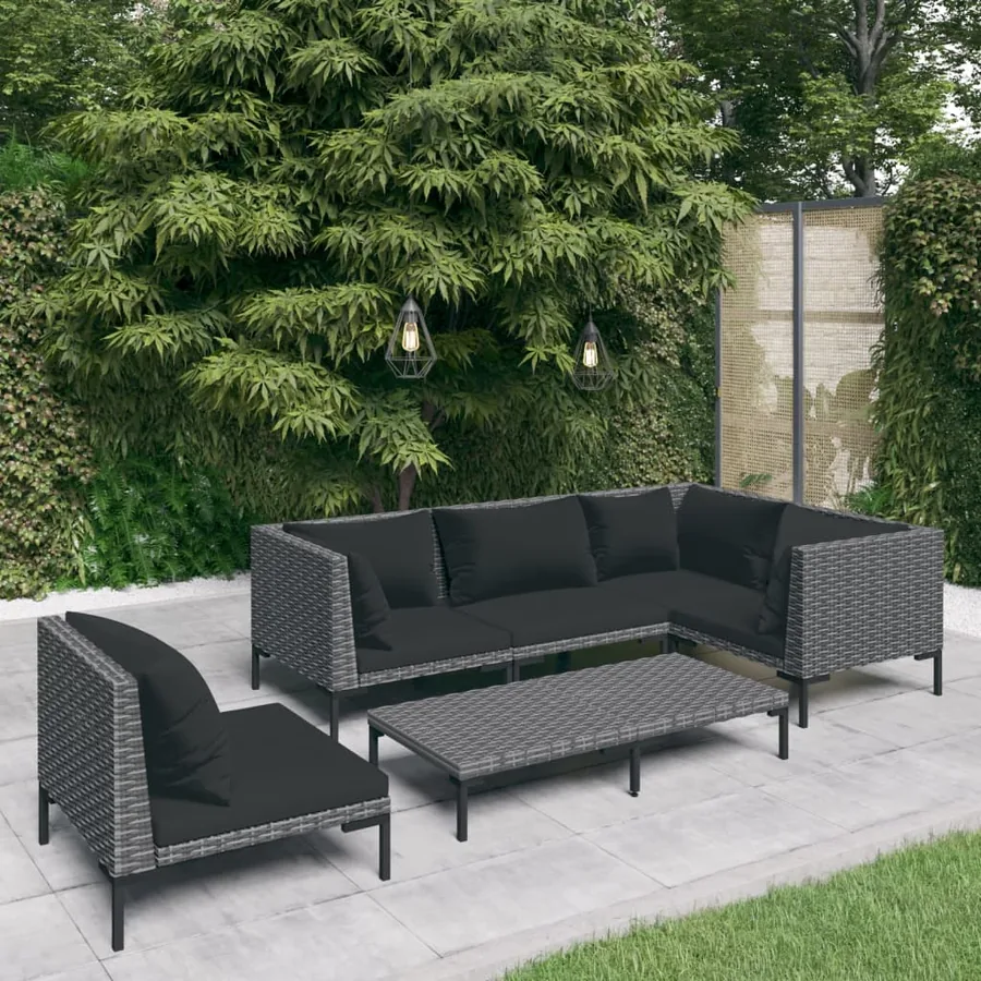 Salon de jardin 6 pcs avec coussins Résine tressée Gris foncé
