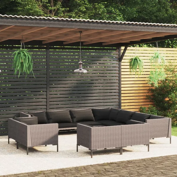 Salon de jardin 11 pcs avec coussins Résine tressée Gris foncé