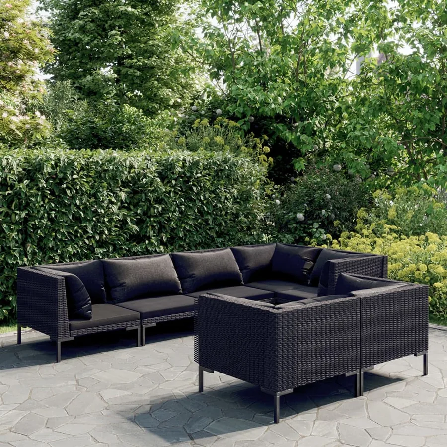 Salon de jardin 7 pcs avec coussins Résine tressée Gris foncé