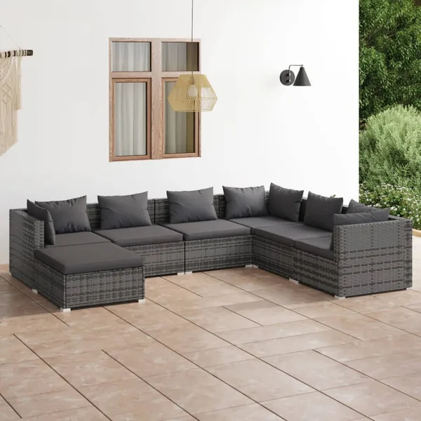 Salon de jardin 7 pcs avec coussins Résine tressée Gris
