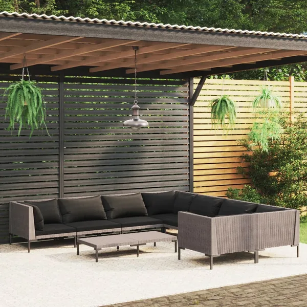 Salon de jardin 9 pcs avec coussins Résine tressée Gris foncé