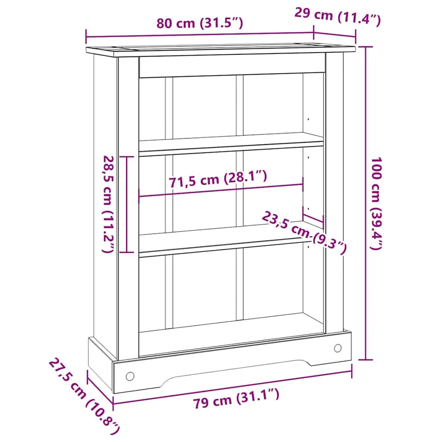 Bibliothèque 3 niveaux Gamme Corona Pin mexicain 80x29x100 cm - 8