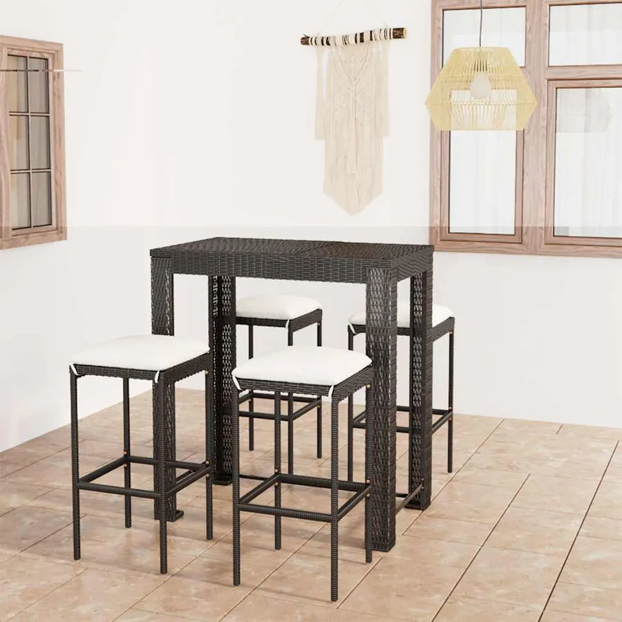 Ensemble de bar de jardin 5 pcs et coussins Résine tressée Noir