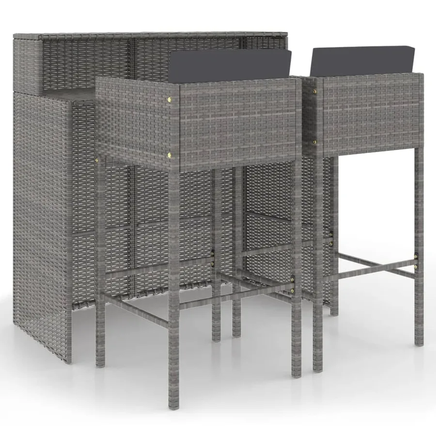 Ensemble de bar de jardin 3 pcs et coussins Résine tressée Gris - 2