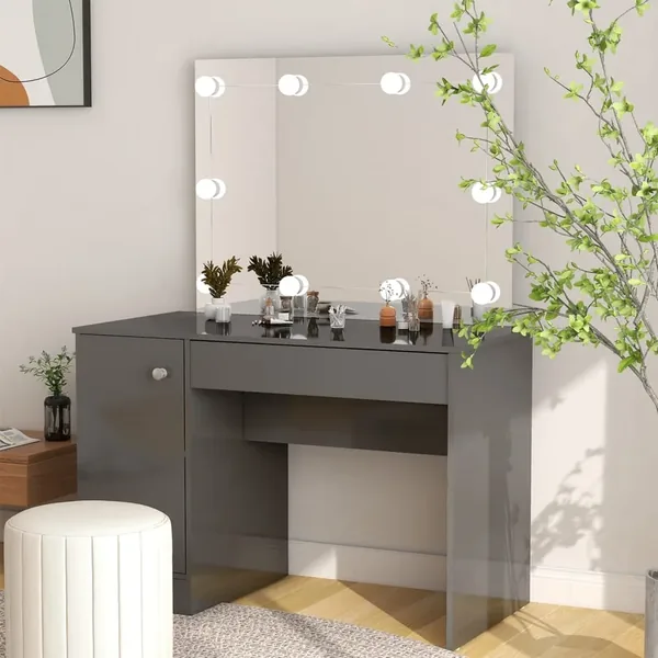 Table de maquillage avec éclairage LED MDF Gris brillant