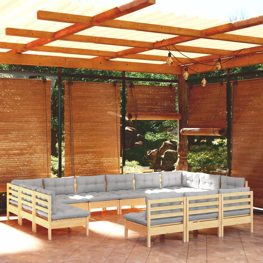 Salon de jardin 13 pcs avec coussins gris Bois de pin solide