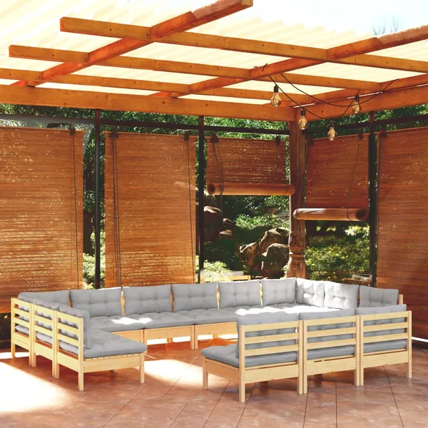 Salon de jardin 13 pcs avec coussins gris Bois de pin solide