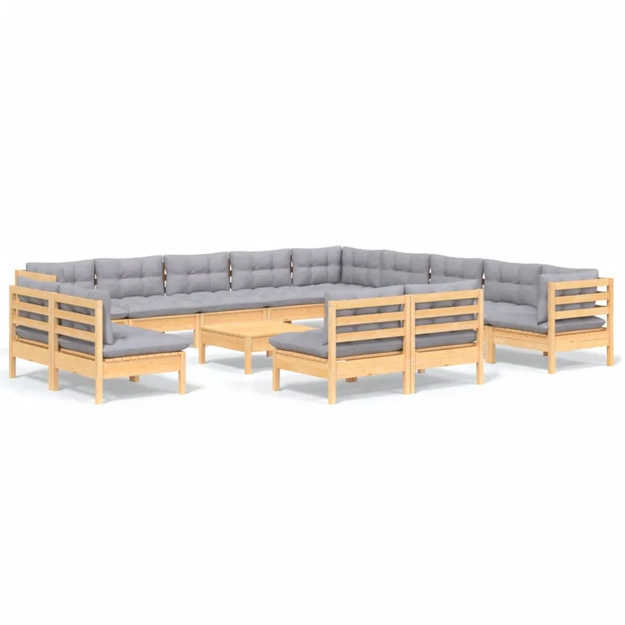 Salon de jardin 14 pcs avec coussins gris Bois de pin solide - 2