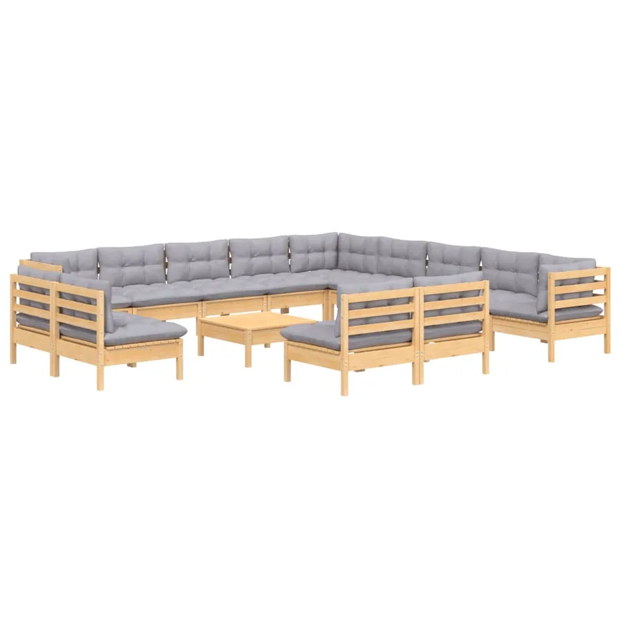 Salon de jardin 14 pcs avec coussins gris Bois de pin solide - 3