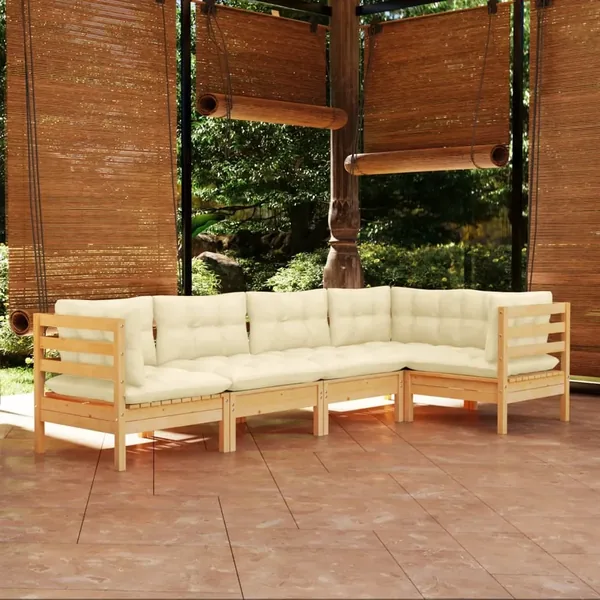 Salon de jardin 5 pcs avec coussins crème bois de pin