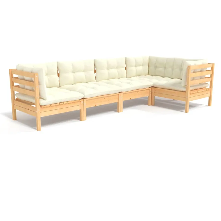 Salon de jardin 5 pcs avec coussins crème bois de pin - 2