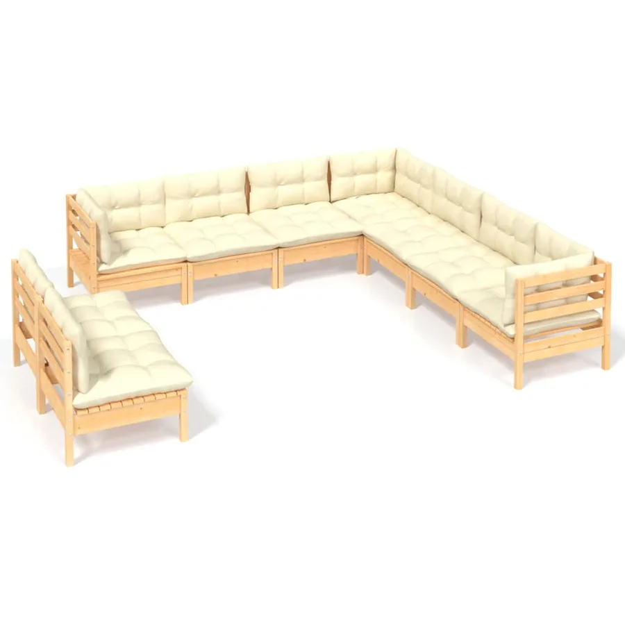 Salon de jardin 9 pcs avec coussins crème bois de pin massif - 2
