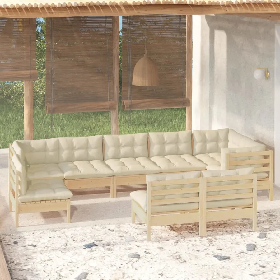 Salon de jardin 9 pcs avec coussins crème bois de pin massif