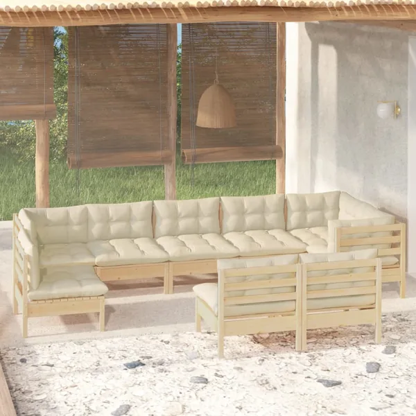 Salon de jardin 9 pcs avec coussins crème bois de pin massif