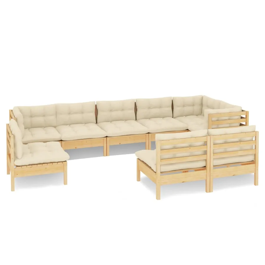 Salon de jardin 9 pcs avec coussins crème bois de pin massif - 2