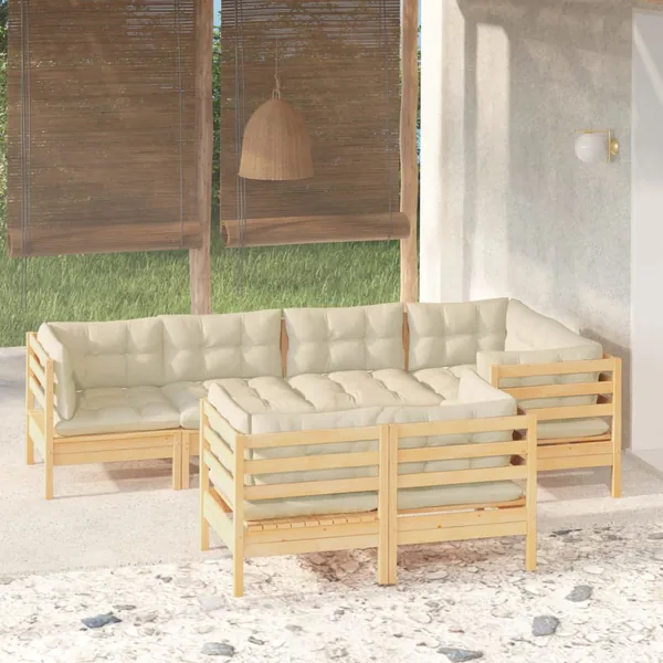 Salon de jardin 7 pcs avec coussins crème bois de pin massif