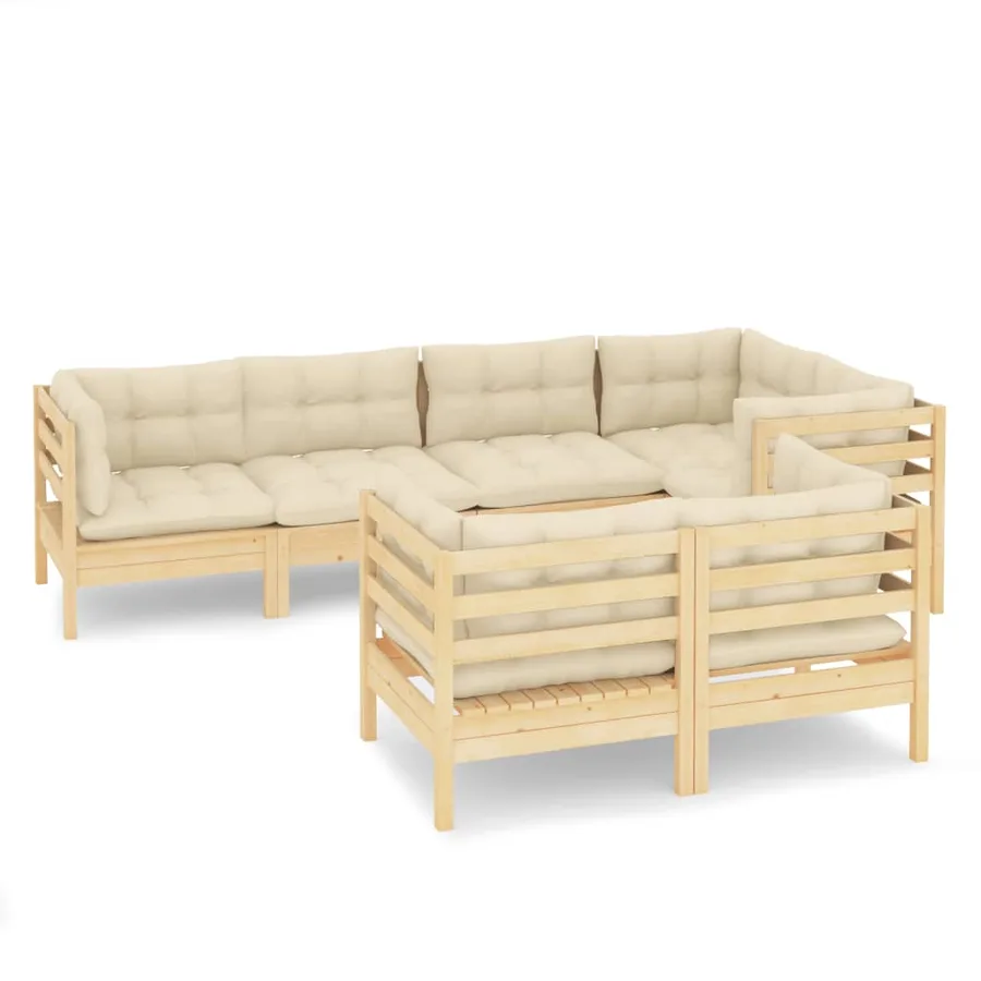Salon de jardin 7 pcs avec coussins crème bois de pin massif - 2