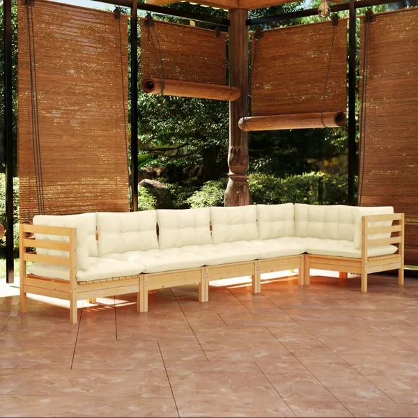 Salon de jardin 6 pcs avec coussins crème bois de pin