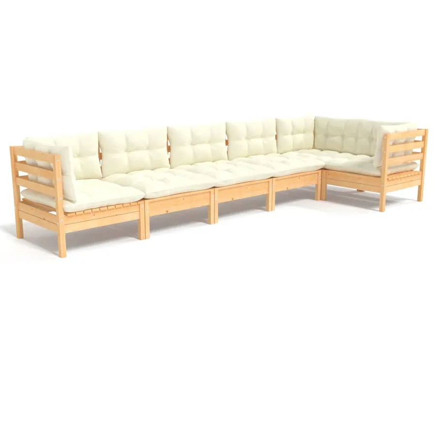 Salon de jardin 6 pcs avec coussins crème bois de pin - 2