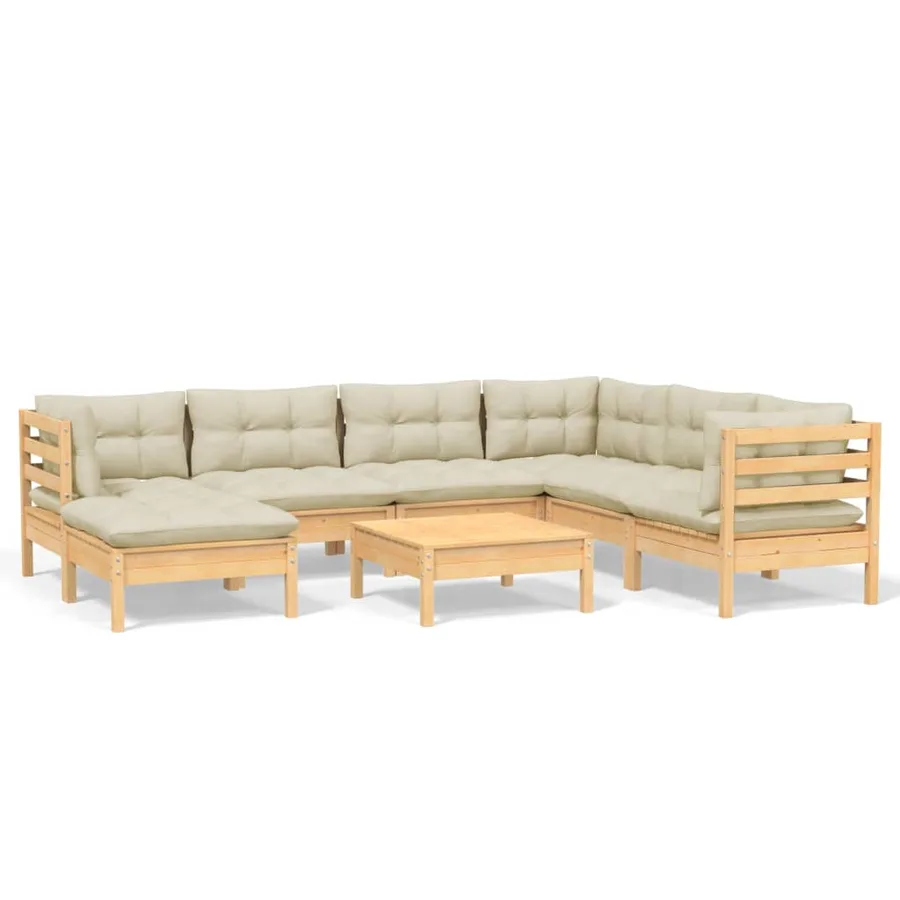 Salon de jardin 8 pcs avec coussins crème Bois de pin massif - 2