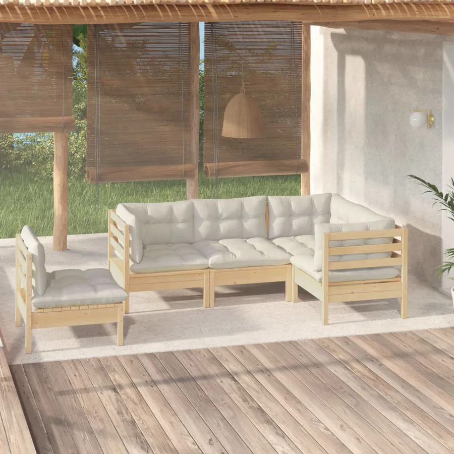 Salon de jardin 5 pcs avec coussins crème bois de pin