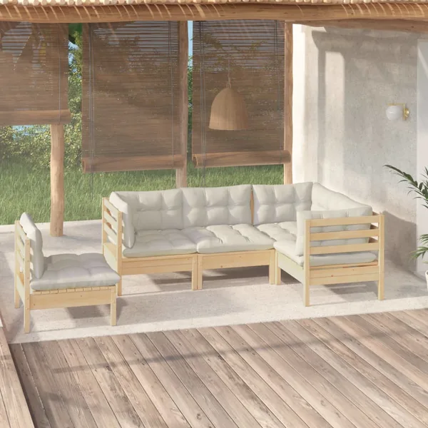 Salon de jardin 5 pcs avec coussins crème bois de pin