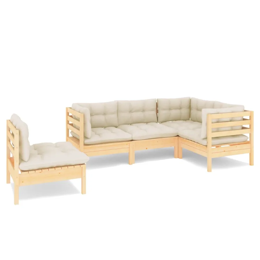 Salon de jardin 5 pcs avec coussins crème bois de pin - 2