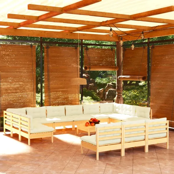 Salon de jardin 14 pcs avec coussins crème Bois de pin solide