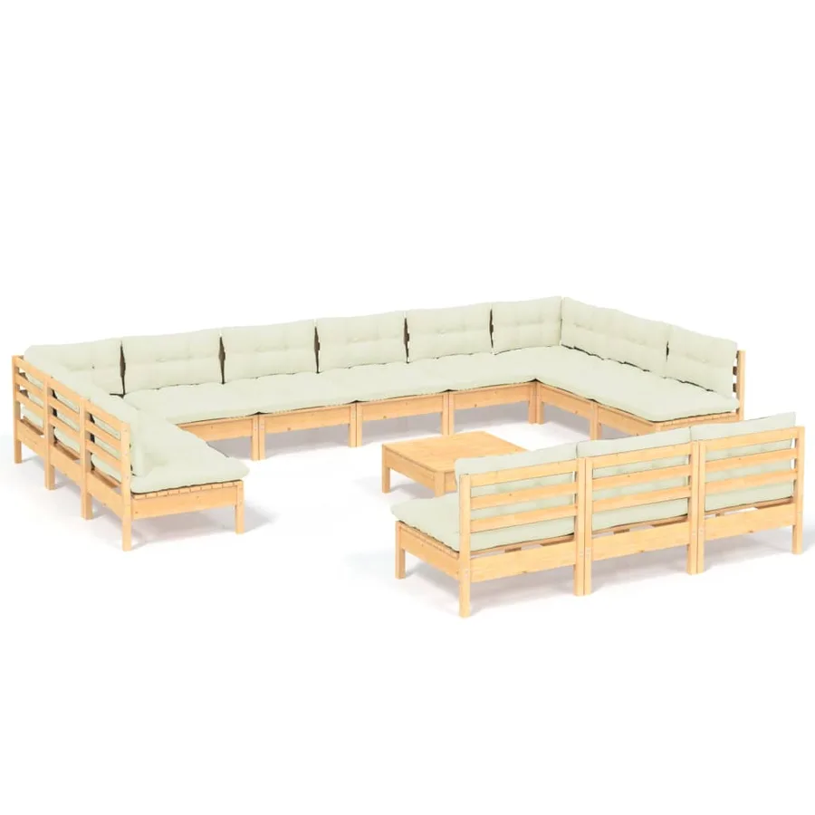 Salon de jardin 14 pcs avec coussins crème Bois de pin solide - 2