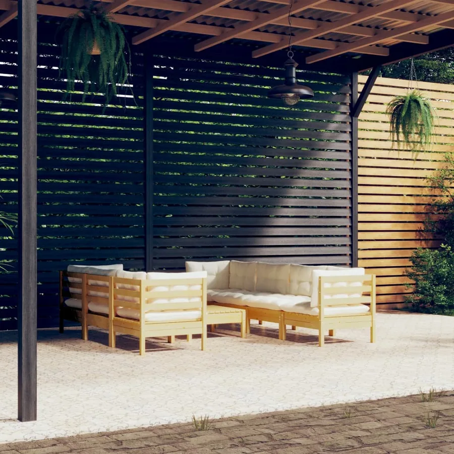 Salon de jardin 8 pcs avec coussins crème Bois de pin massif